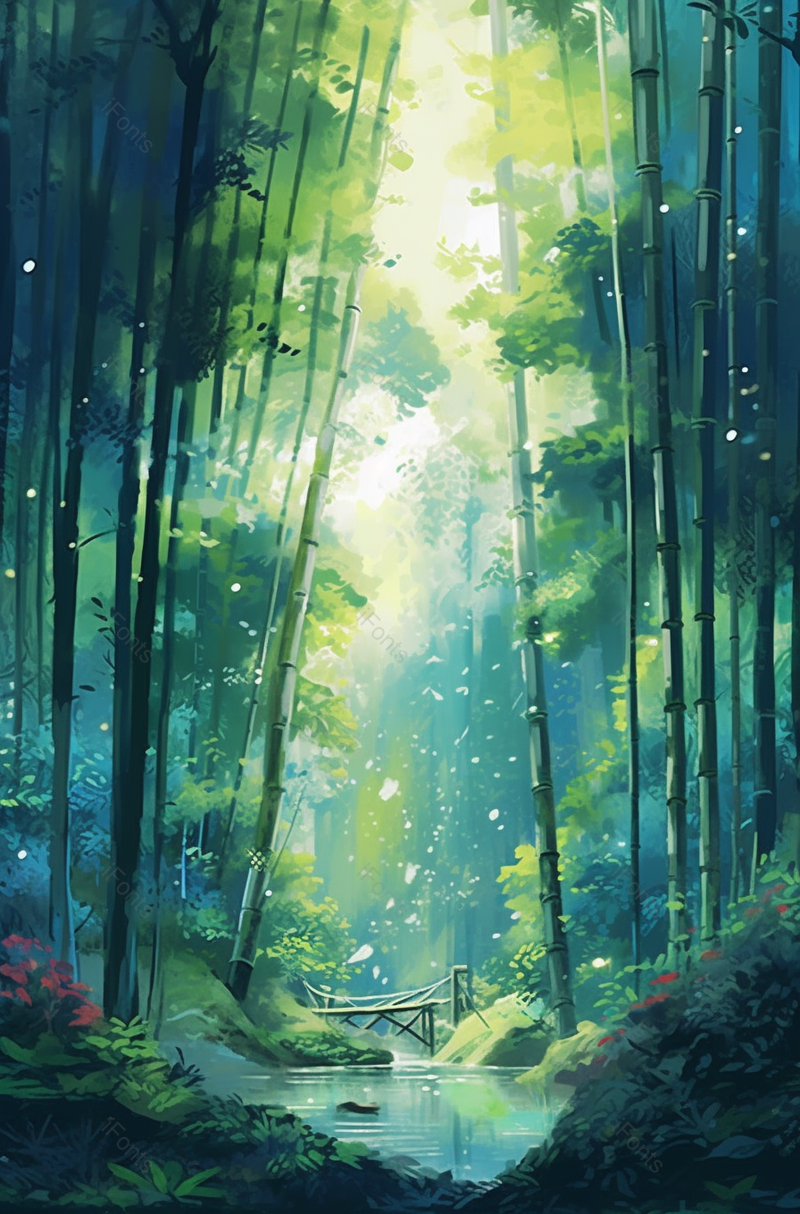 唯美绿色竹林深处溪水小桥插画,插画/手绘图,插画/手绘图库,插画/手绘图下载,插画/手绘